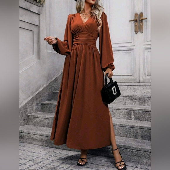 NEW Chic Ruched Waist Lantern Sleeve Maxi Dress Rusty Brown Orange Rust - Picture 5 of 8